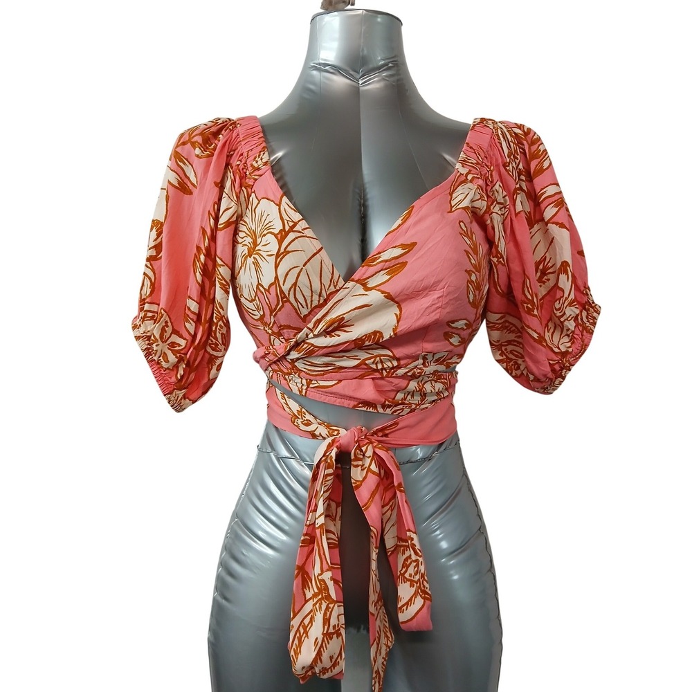 Z&L Europe Pink Tropical Leaf Wrap Crop Top Puff Sleeve Sz M